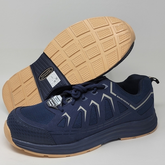 Skechers Malad II Composite Toe Work Shoes Navy/Tan 200127 Men's Size 11 New - Picture 1 of 11